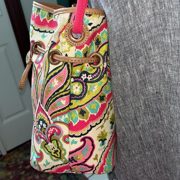 Spartina  Linen natural  shoulder bag   heavy duty  leather trim  hot pink/cream - Picture 9 of 17